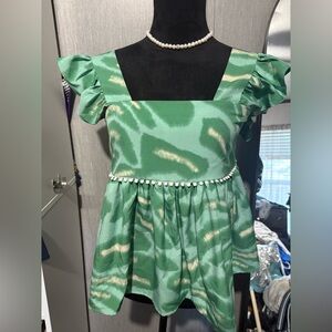 Green and Cream Patterned Blouse with Puff Sleeves